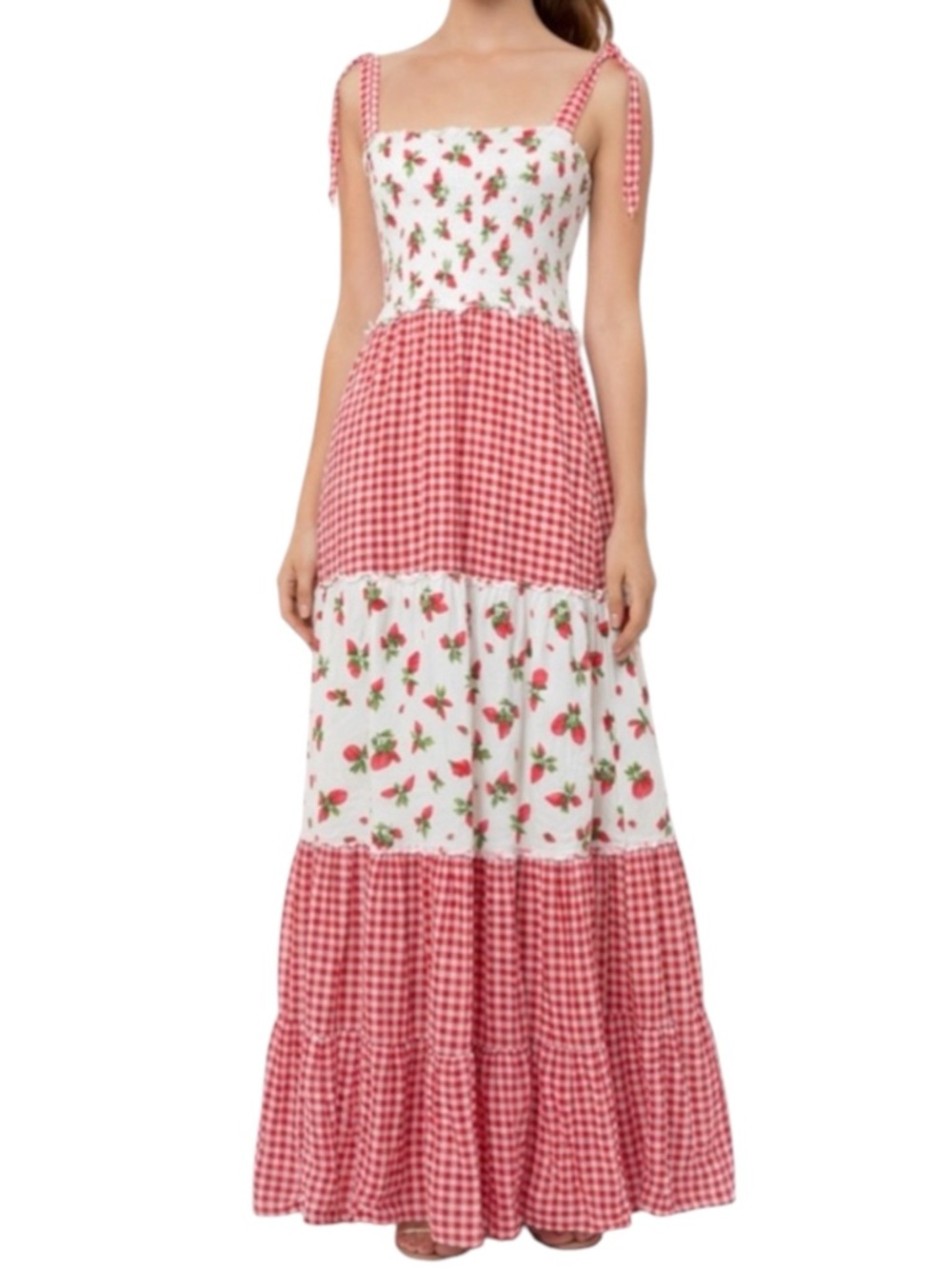 BEBOP Red Gingham & Strawberry Print Tie-Shoulder Maxi Dress Size Medium